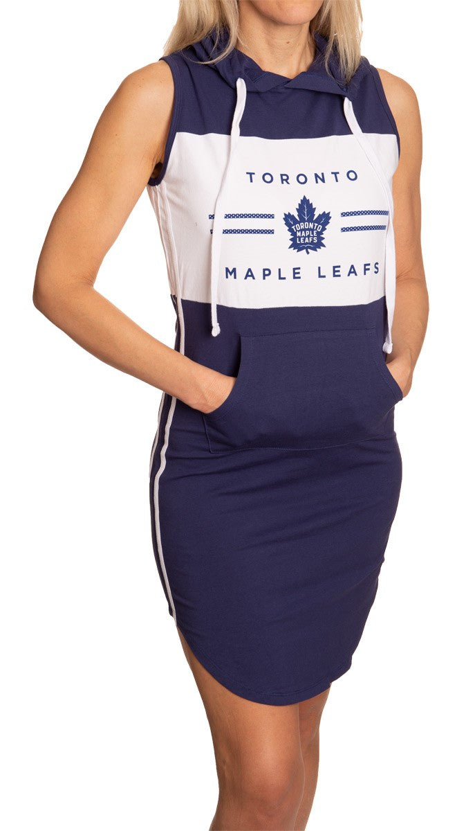 Ladies NHL Side Stripe Casual Pullover Sleeveless Hoodie Dress- Toronto Maple Leafs Full Length View WIth Woman Hands in Pocket