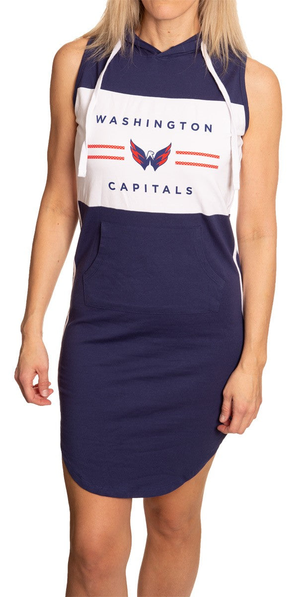 Ladies NHL Side Stripe Casual Pullover Sleeveless Hoodie Dress- Washington Capitals  Full Length Front View With Team Logo In Navy and White