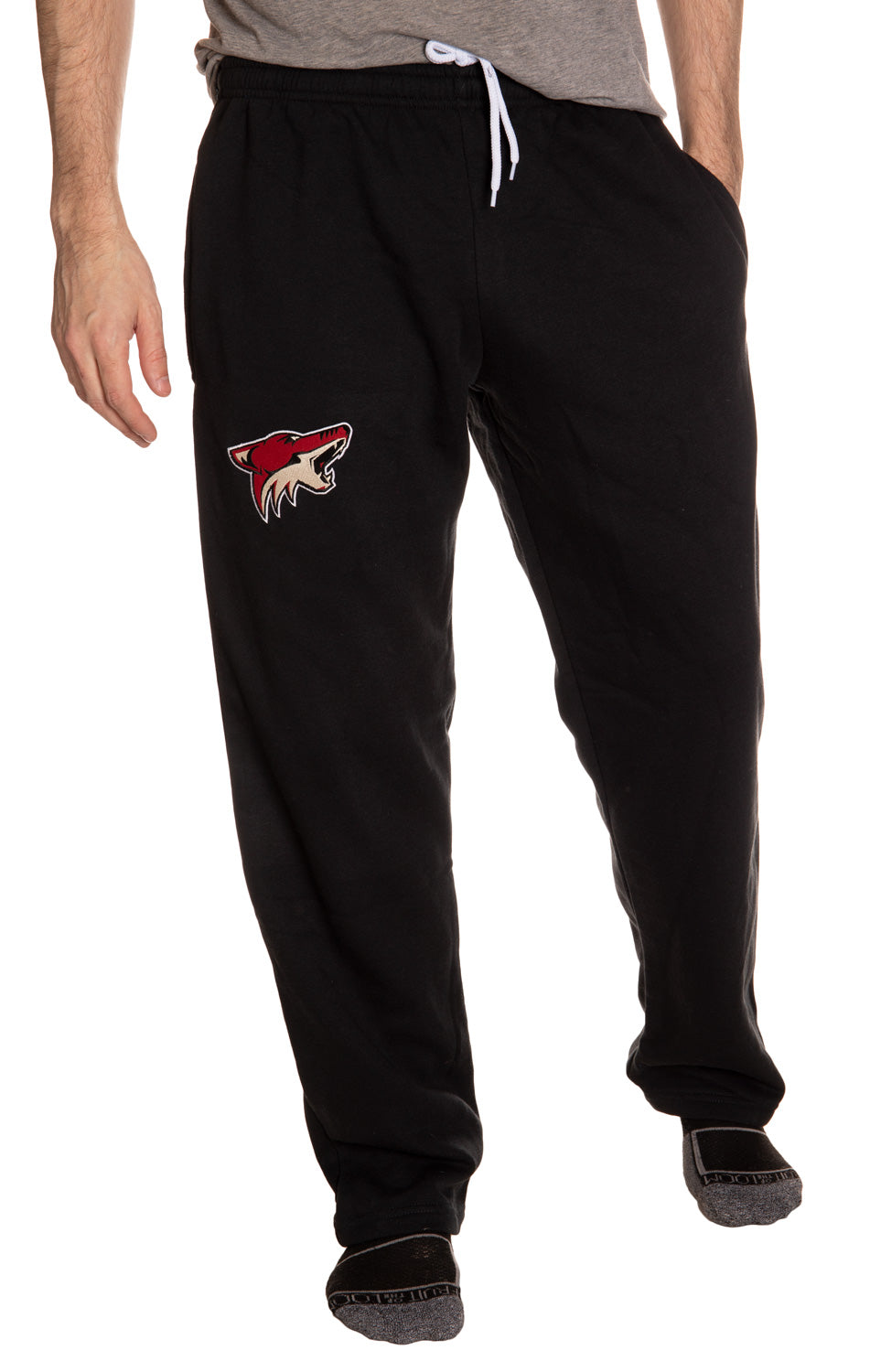 Arizona Coyotes Embroidered Logo Sweatpants Front View, Hand in Pocket