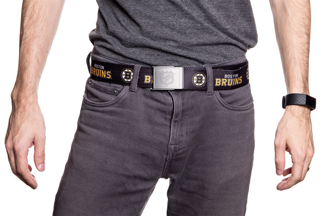 NHL Mens Woven Adjustable Team Logo Belt- Boston Bruins - Man Wearing Belt in Front