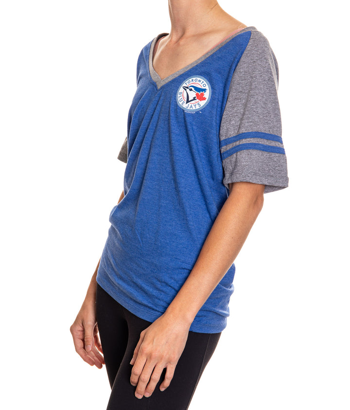 Bulletin MLB Toronto Blue Jays Women's Tri-Blend V-Neck Striped Sleeve T-Shirt