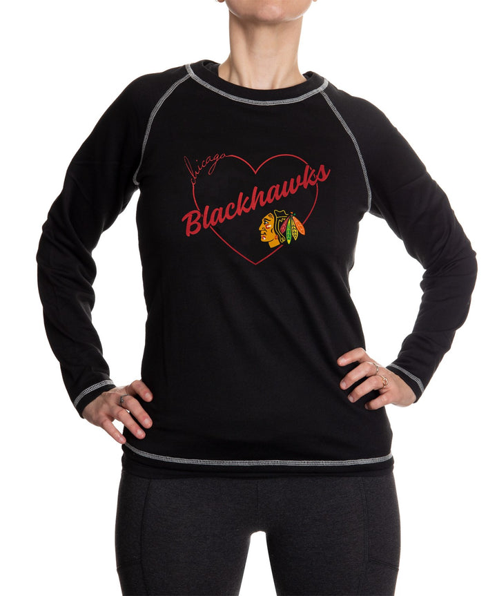 Chicago Blackhawks Heart Logo Long Sleeve Shirt for Women in Black Front View