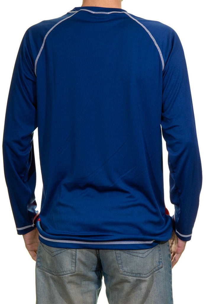 Columbus Blue Jackets Jersey Style Long Sleeve Rashguard, Two-Tone Blue. Back View.