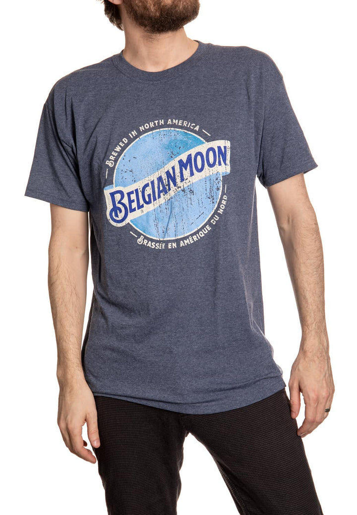 Belgian Mood Classic Logo T-Shirt Front View on Blue T-Shirt.