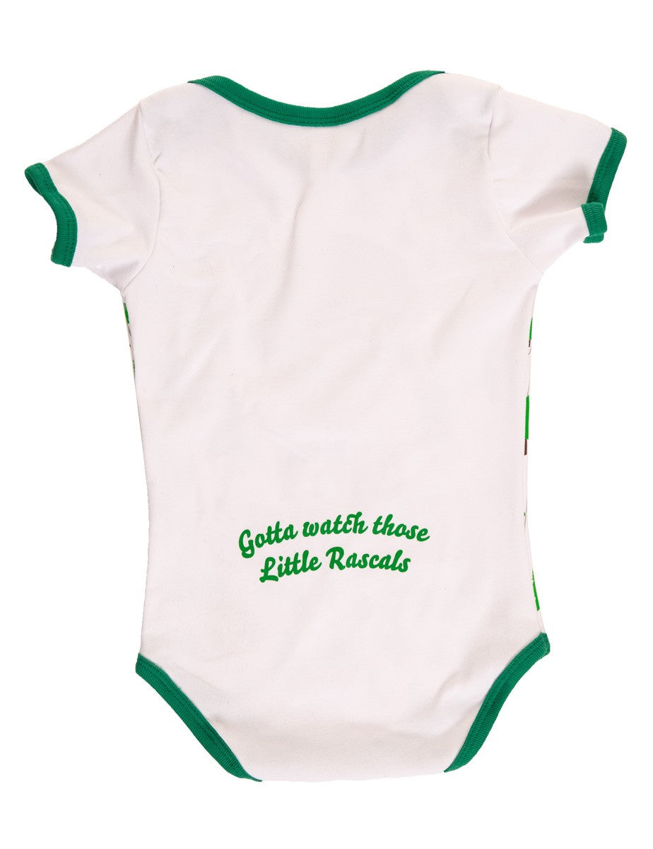 Bob Ross Baby Diaper Suit  "Happy Little Trees" Back of Diaper Suit With "Gotta Watch Those Little Rascals" Over The Back Bottom