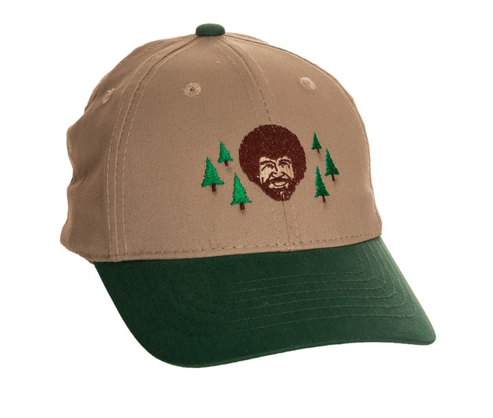 Bob Ross "Happy Little Trees" Two Tone Hat Front View WIth Bob Ross Face, Trees and Green Brim
