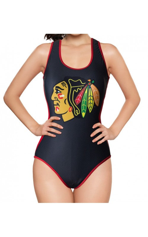 Ladies One-Piece Swimsuit- Chicago Blackhawks Front View With Logo In Front 