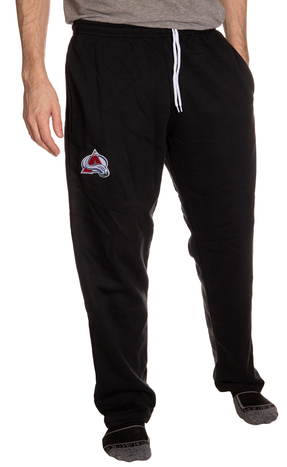 Colorado Avalanche Embroidered Logo Sweatpants for Men Front View, Hands in Side Pockets.