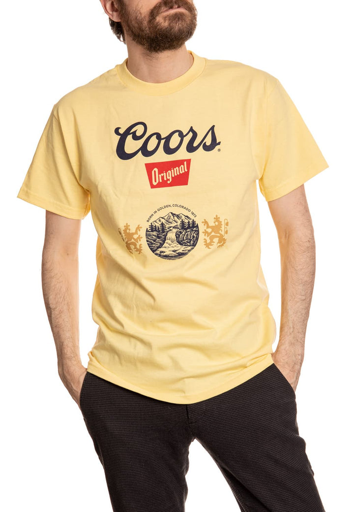 Coors Original Classic Logo T-Shirt on Yellow Shirt, Front View.