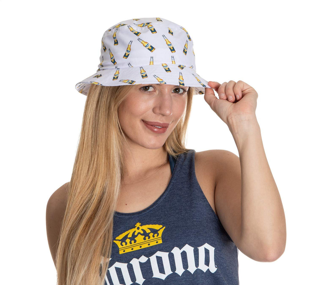 Corona Allover Bottle Print Bucket Hat in White Modeled