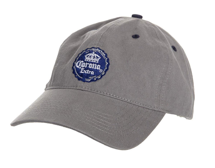 Corona Extra Embroidered Blue Bottle Cap On Grey Cotton Hat.