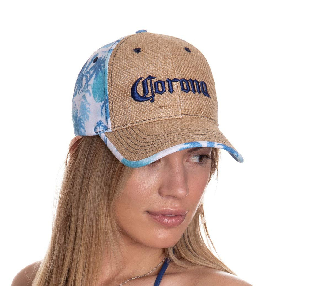 Corona Blue Palm And Straw Dad Hat Modeled.