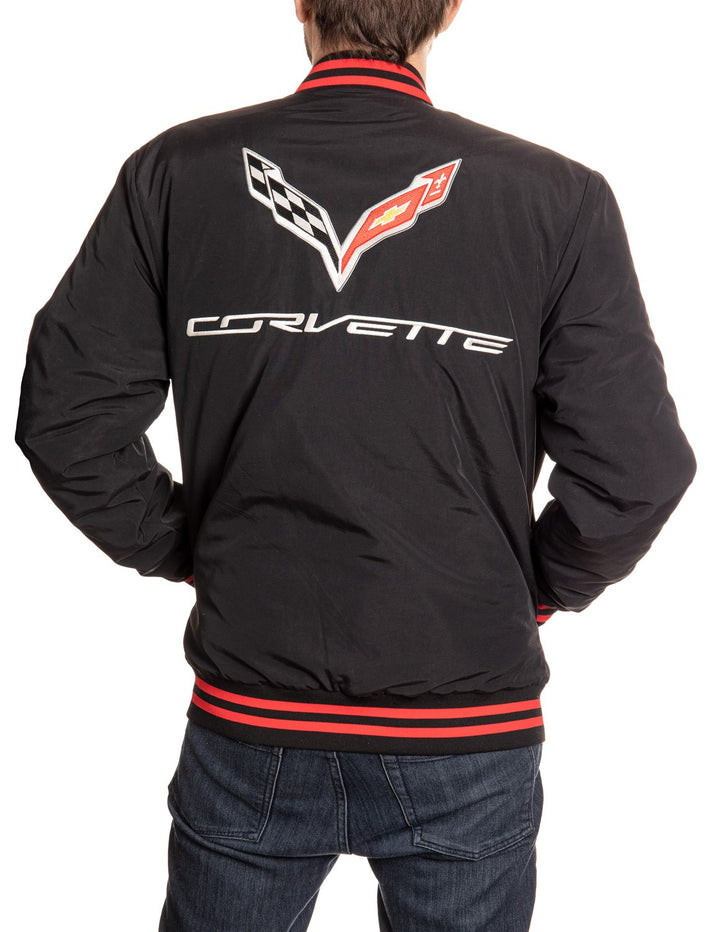 Corvette Varsity Bomber Jacket Back View, Embroidered Logos Are Shown
