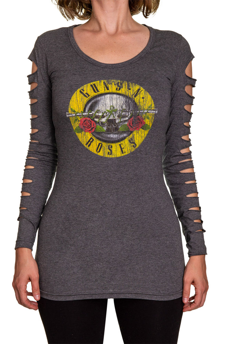 Guns N Roses Ladies Distressed Logo Long Sleeve Cover Up Cut Shirt- Charcoal