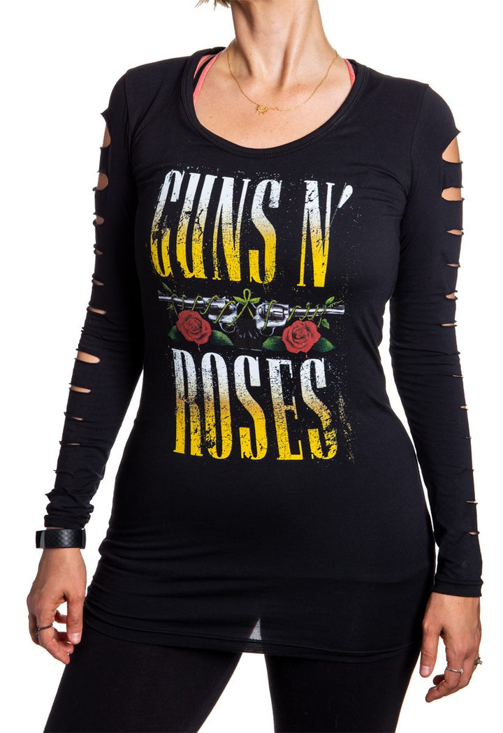 Guns N Roses Ladies Distressed Logo Long Sleeve Cover Up Cut Shirt- Black