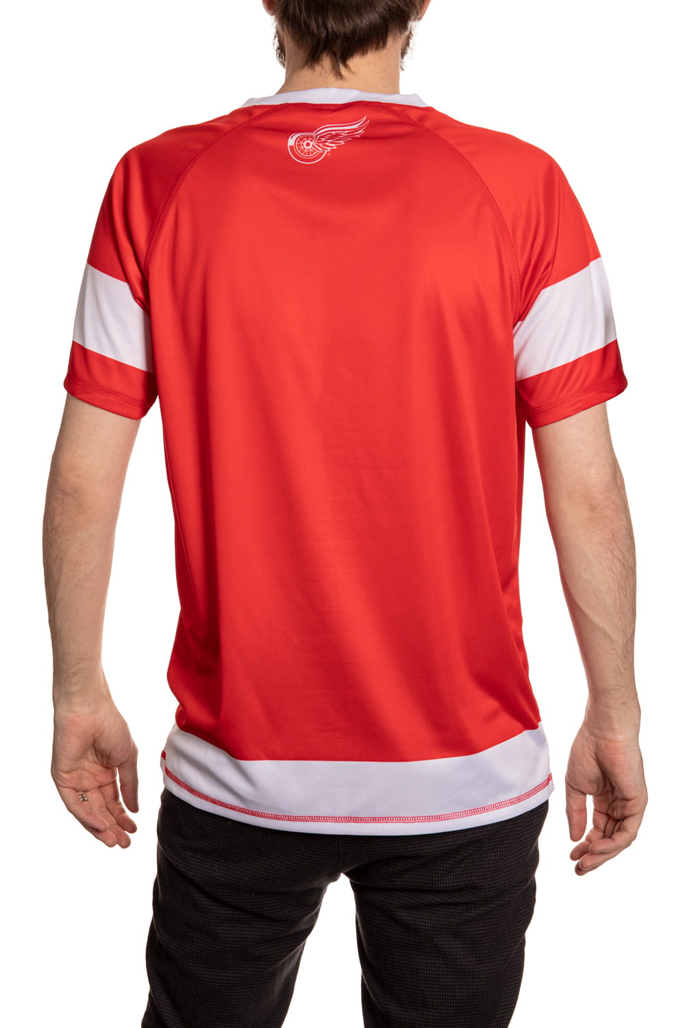 Detroit Red Wing Short Sleeve Rashguard Back View. Black Shirt With White Accents.