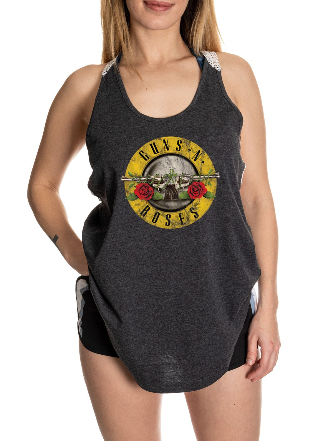 Guns N' Roses Distressed Logo Lace Tank Top for Women Front View