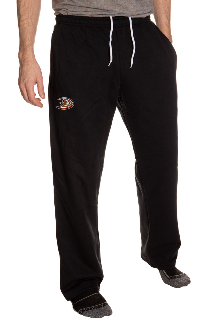 Anaheim Ducks Embroidered Logo Sweatpants for Men Hands in Pocket, Front View.