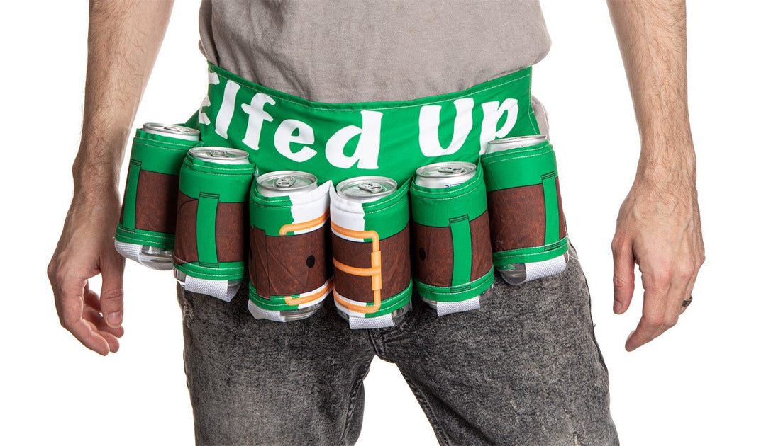 Elfed Up Beer Belt. Green and Brown Design.