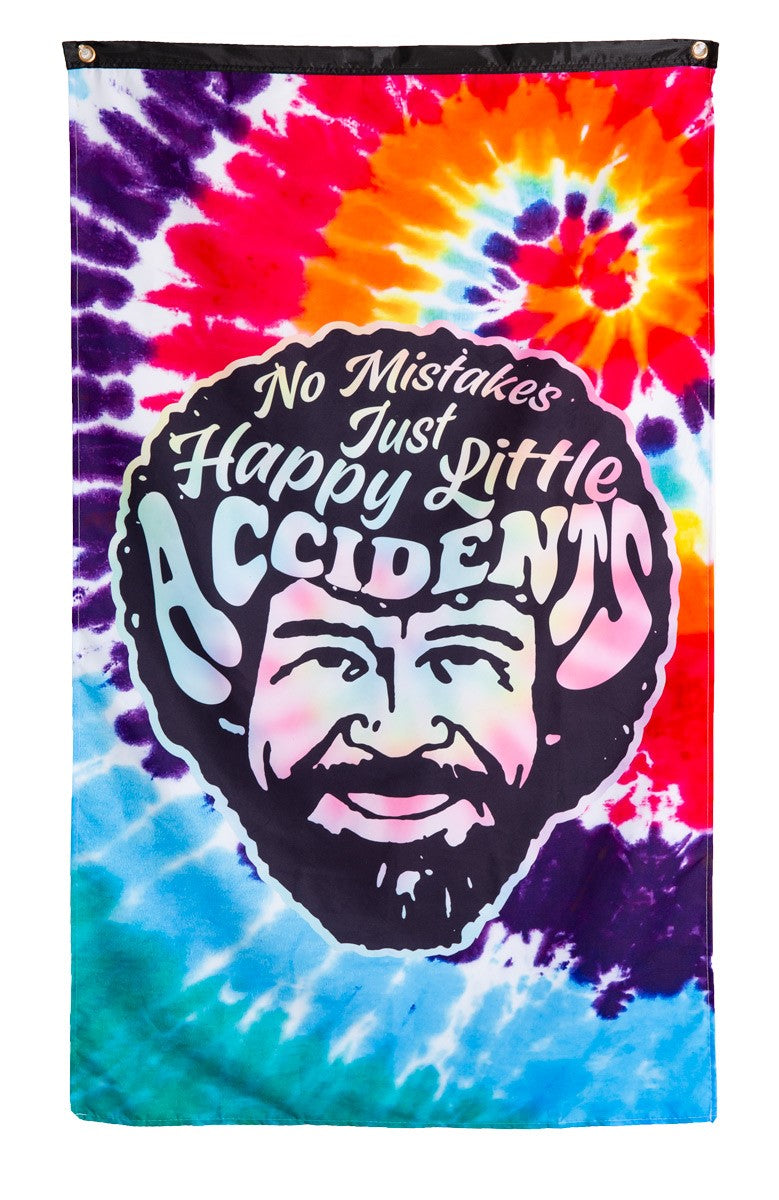 Officially Licensed Bob Ross"Happy Little Accidents"Tie Dye Banner With Smiling Bob Ross Face 