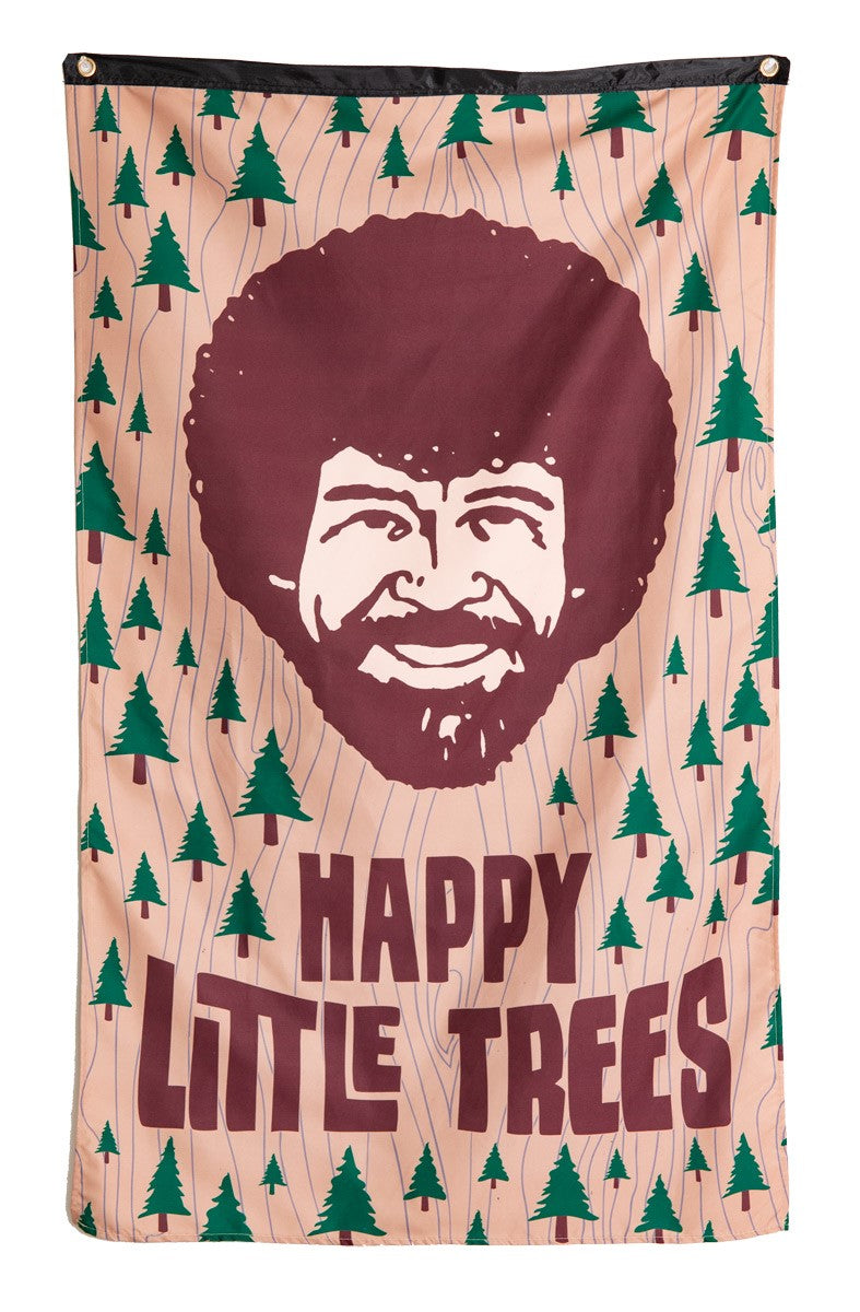 Officially Licensed Bob Ross "Happy Little Trees" Banne With Smiling Bob Ross Face and Little Happy Trees