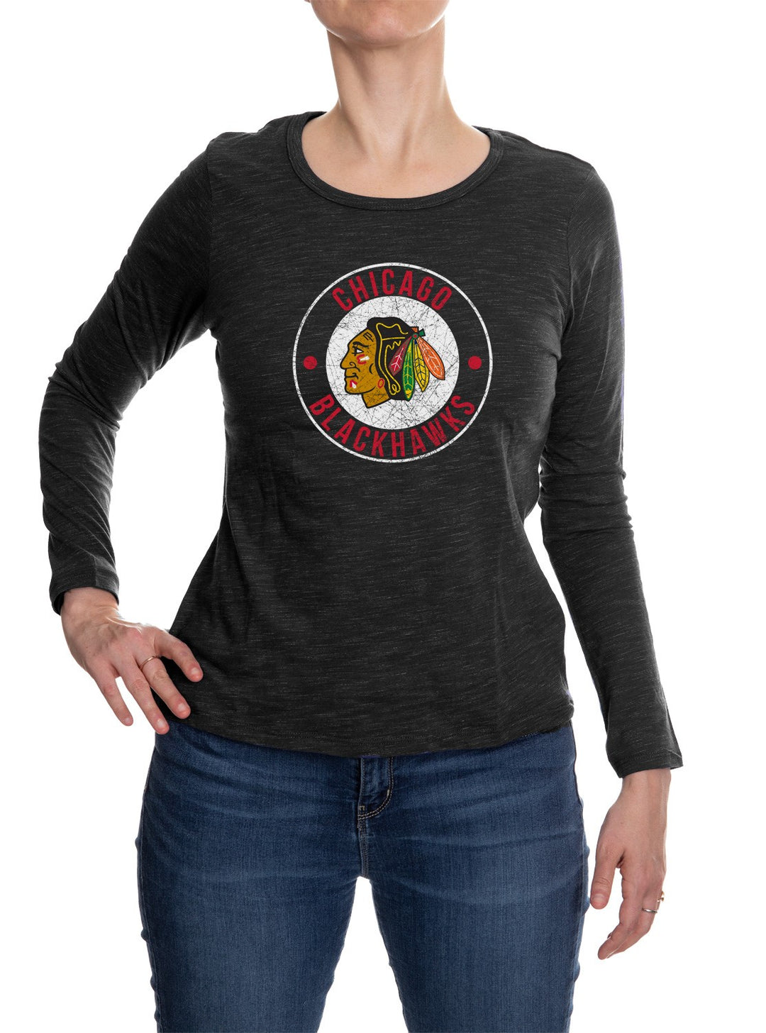 Chicago Blackhawks Long Sleeve Shirt for Women in Black Front View