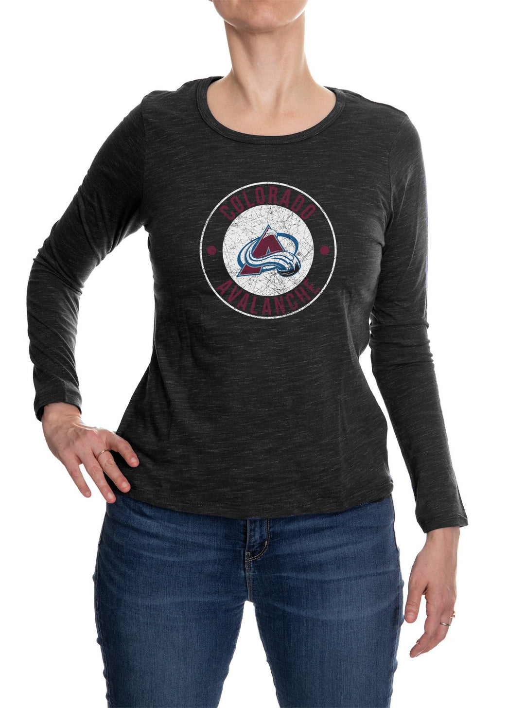 Colorado Avalanche Long Sleeve Shirt for Women in Black Front View