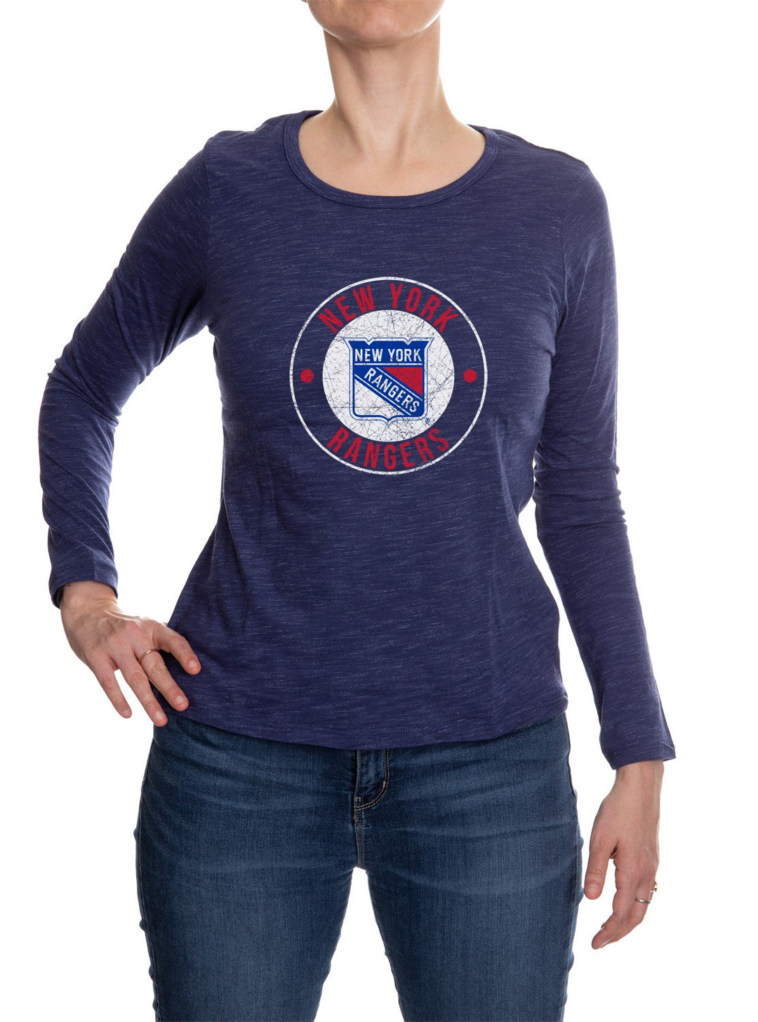 New York Rangers Long Sleeve Shirt for Women in Blue Front View