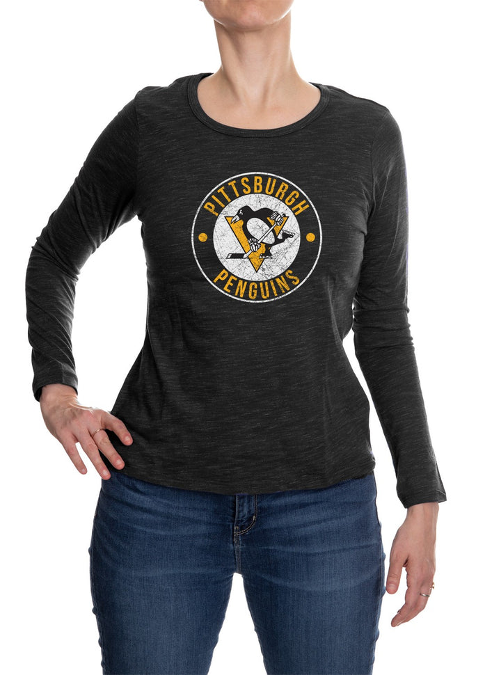 Pittsburgh Penguins Long Sleeve Shirt for Women in Black Front View