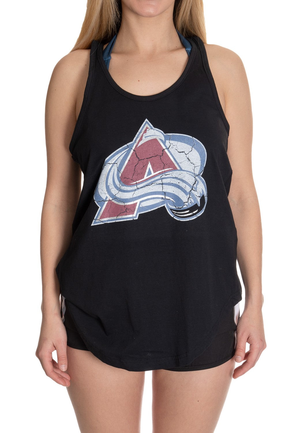 Colorado Avalanche Distressed Flowy Tank Top Front View. lack Racerback Tank With Distressed Avalanche Logo In Middle Of Chest.