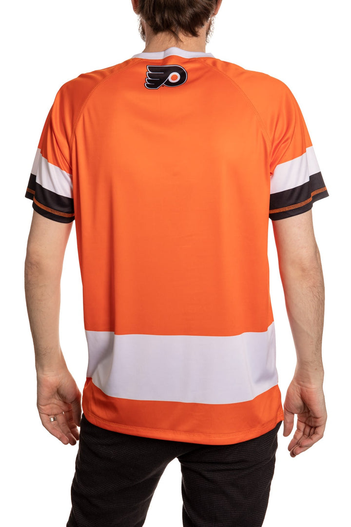Philadelphia Flyers Short Sleeve Rashguard Back View. Flyers Logo On Back Collar.