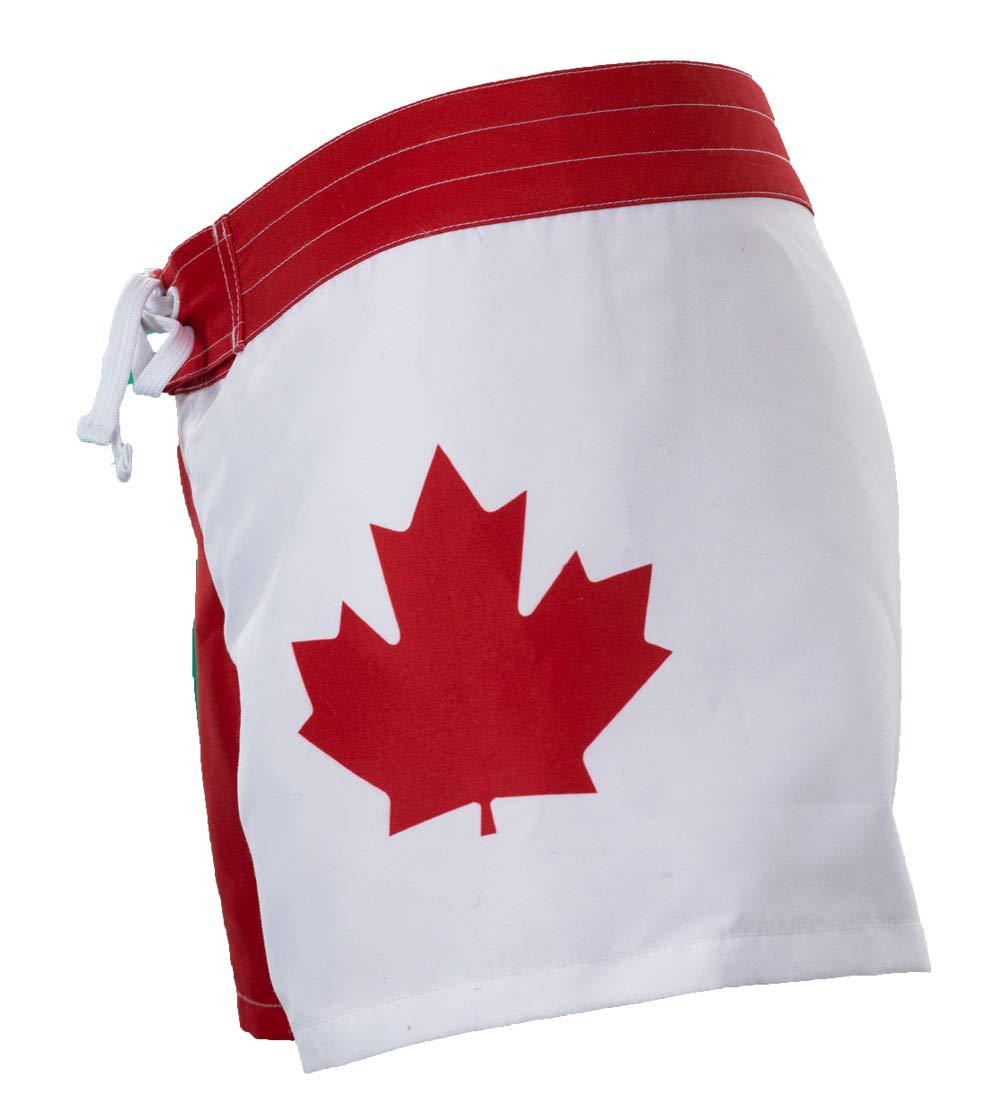 Ladies Canada Flag Boardshorts Side View, Red Maple Leaf Shown