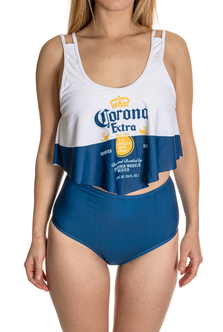 Corona Extra Label Flowy High Waist Bikini Close Up Front View.