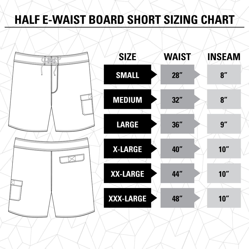 Modelo Two-Tone Boardshorts Size Guide.