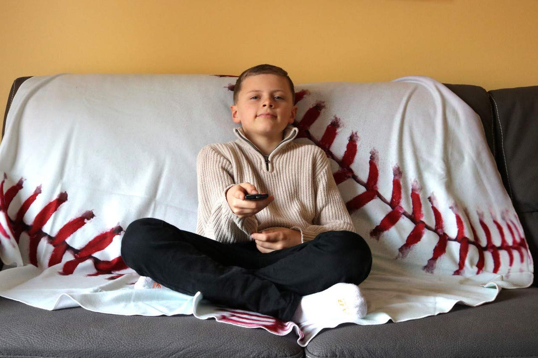Realistic Baseball Throw Blanket, Lightweight Throw Shown on Couch, Lifestyle Shot.