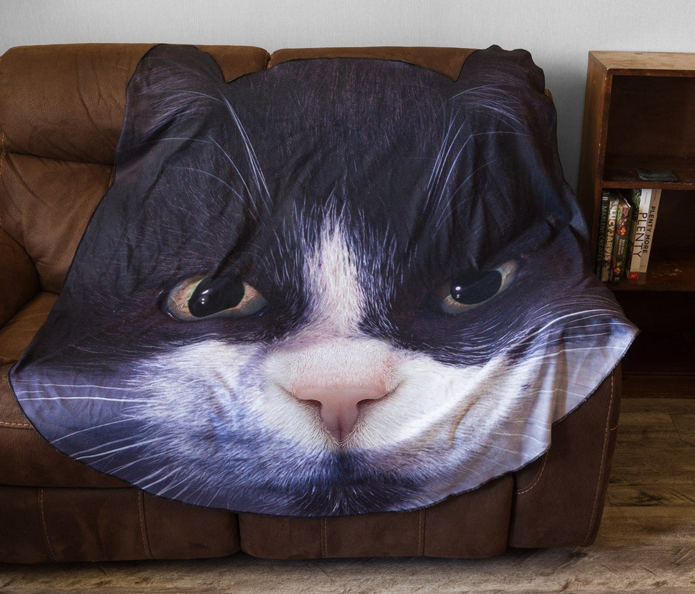 Realistic Black and White Cat Throw Blanket, Shown on Couch.