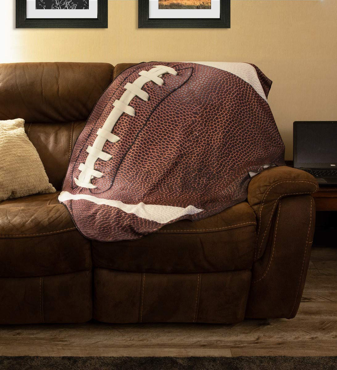 Realistic Football Blanket Shown on Couch.