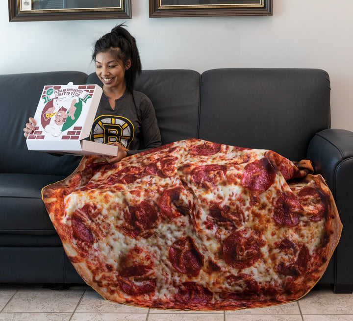 Lifestyle Photo of Realistic Pizza 60" Round Lightweight Fleece Blanket 