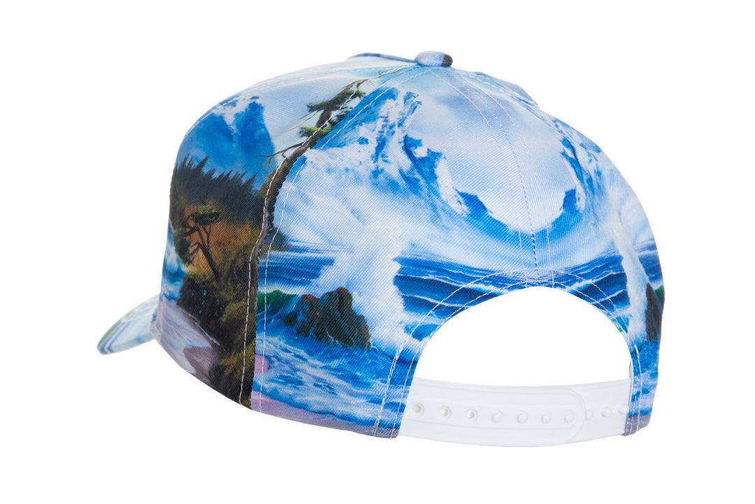 Officially Licensed Bob Ross "Mountain By The Sea" Ball Cap - Available For Pre-Order  Full Back View Of Hat With White Snap Back Closure
