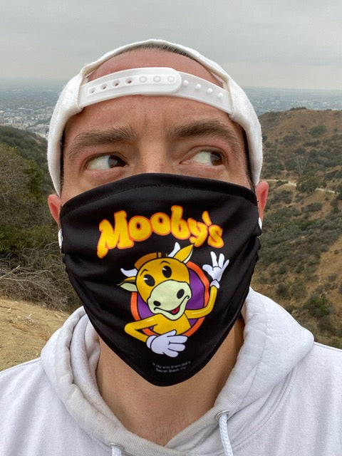 Mooby's Face Mask, Black Background, Modeled by Kevin Smith.