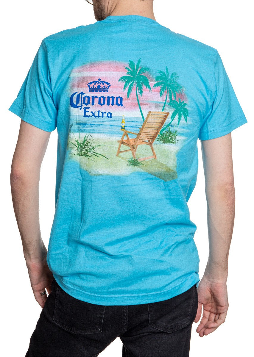 Men's Corona Extra Beachside T-Shirt- Aqua Full Back Print With Virbrant Colors Sunset