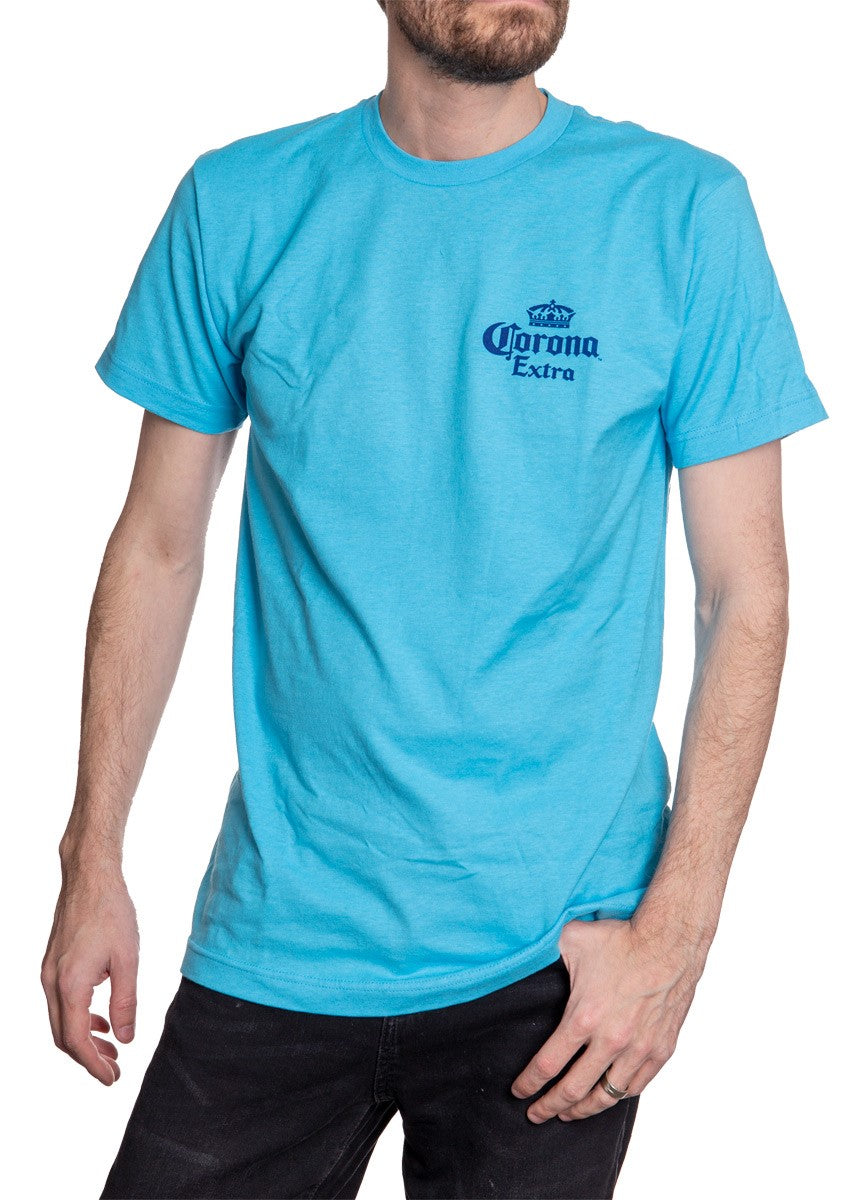 Men's Corona Extra Beachside T-Shirt- Aqua Front Corner Logo In Navy