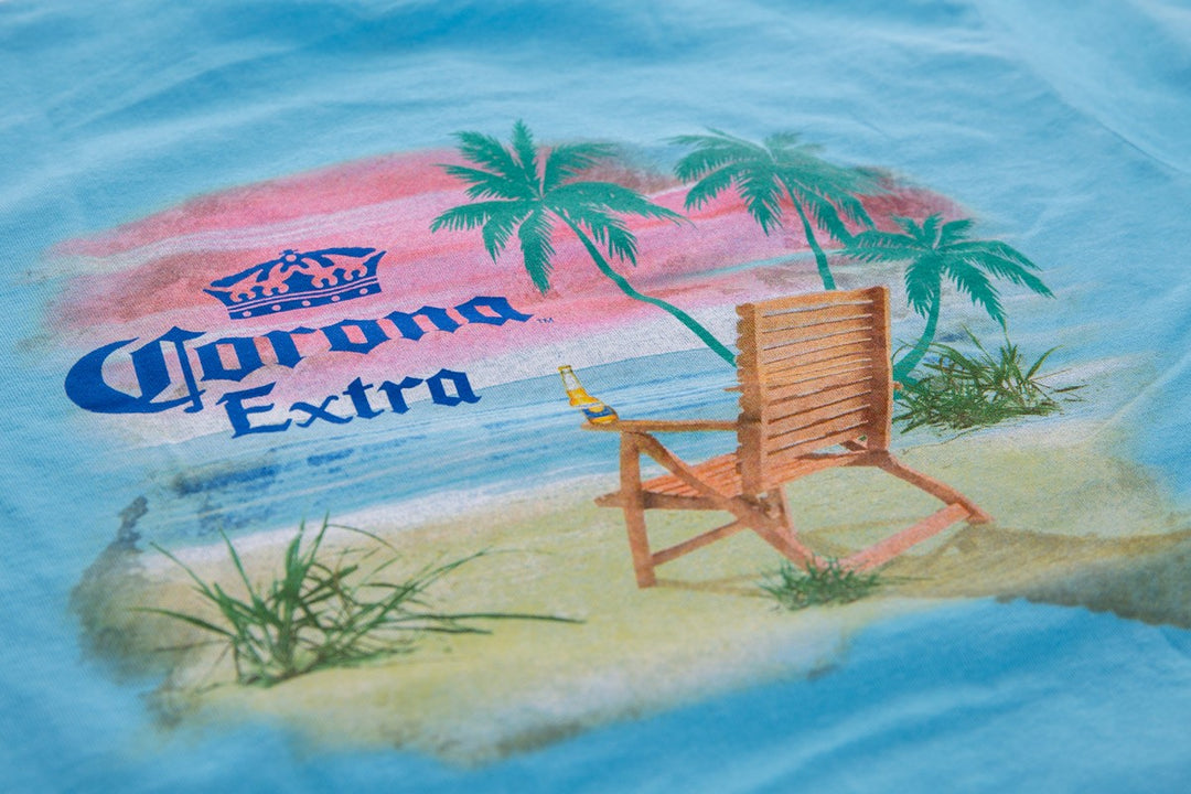 Men's Corona Extra Beachside T-Shirt- Aqua Vibrant Printed Colors Beach Scene
