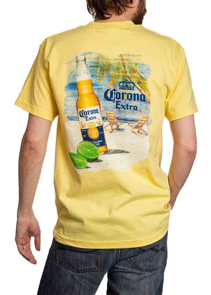 Men's Corona Extra Beachside T-Shirt- Banana Full Back Vibrant Colors WIth Bottle Lime and Logo