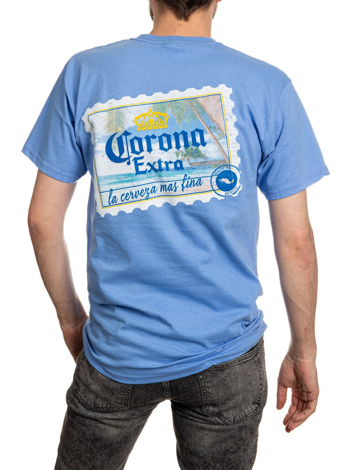 Corona Extra Beachside T-Shirt In Carolina Blue Back. Corona Stamp.