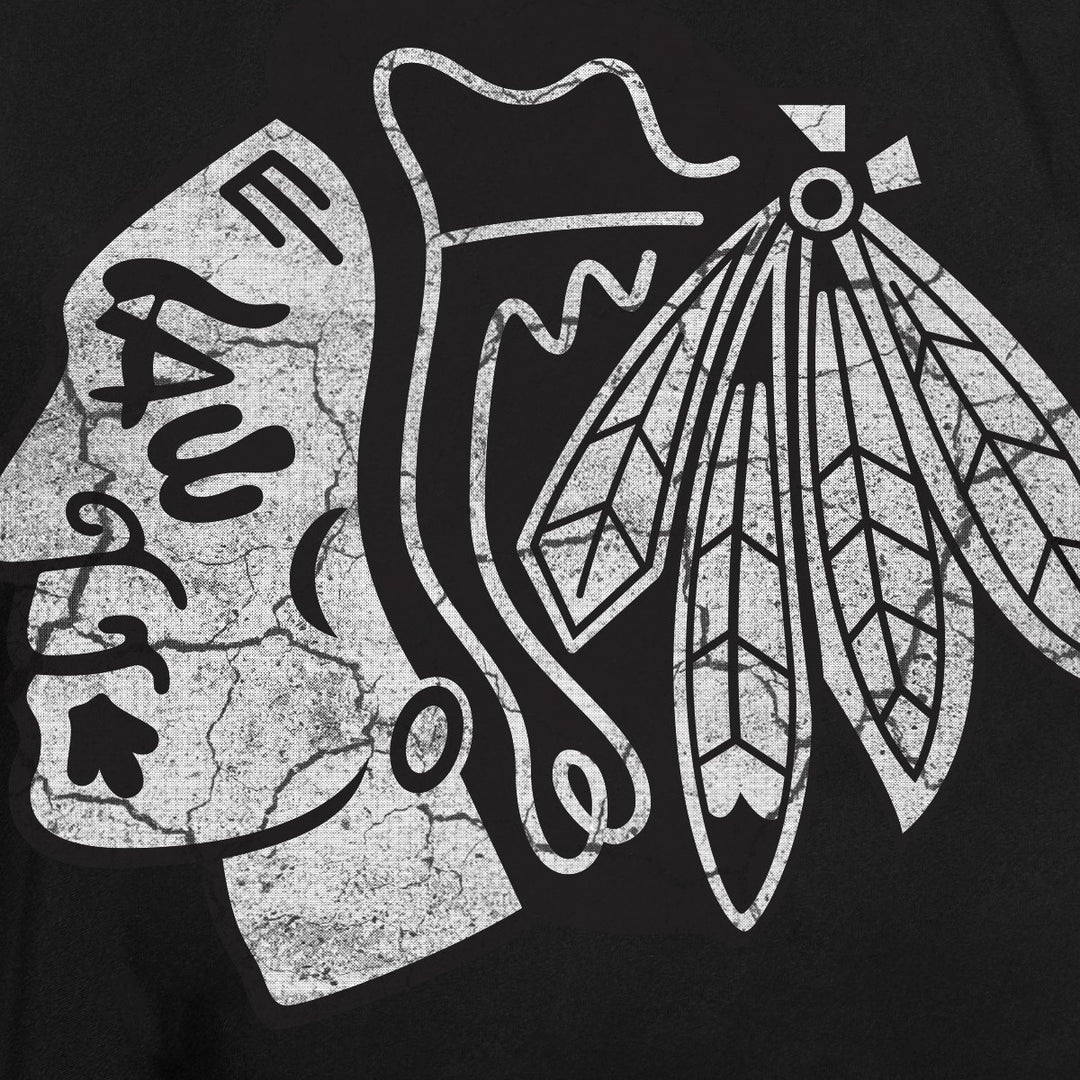 Chicago Blackhawks Short Sleeve Rashguard Distressed Logo Up Close.