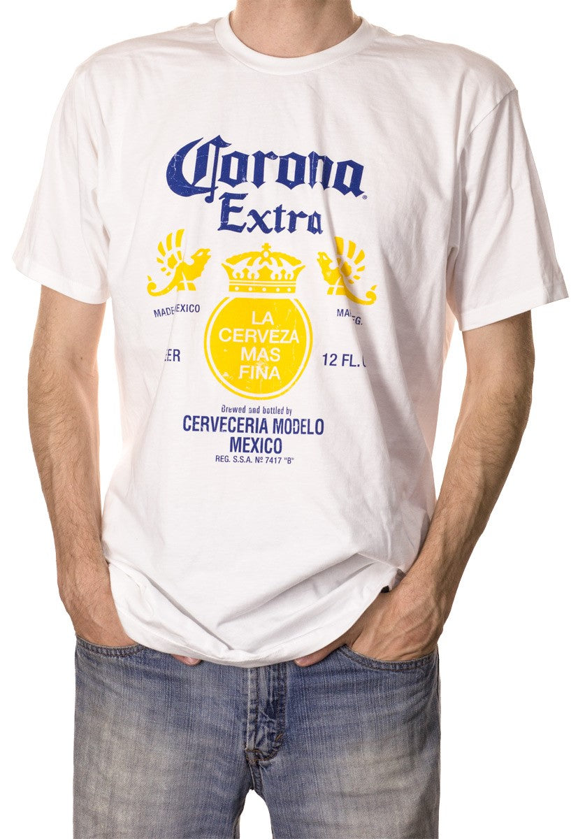 Men's  Corona Extra Bottle Label T-Shirt- Distressed Front Full Logo Man Wearing Shirt