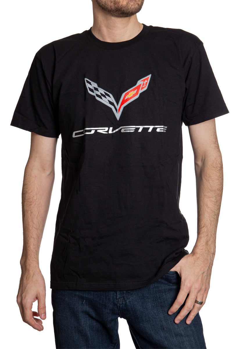 General Motors Corvette C7 'Flying V' Short Sleeve T-Shirt Front Full View Man Wearing Shirt With A Pair Of Jeans