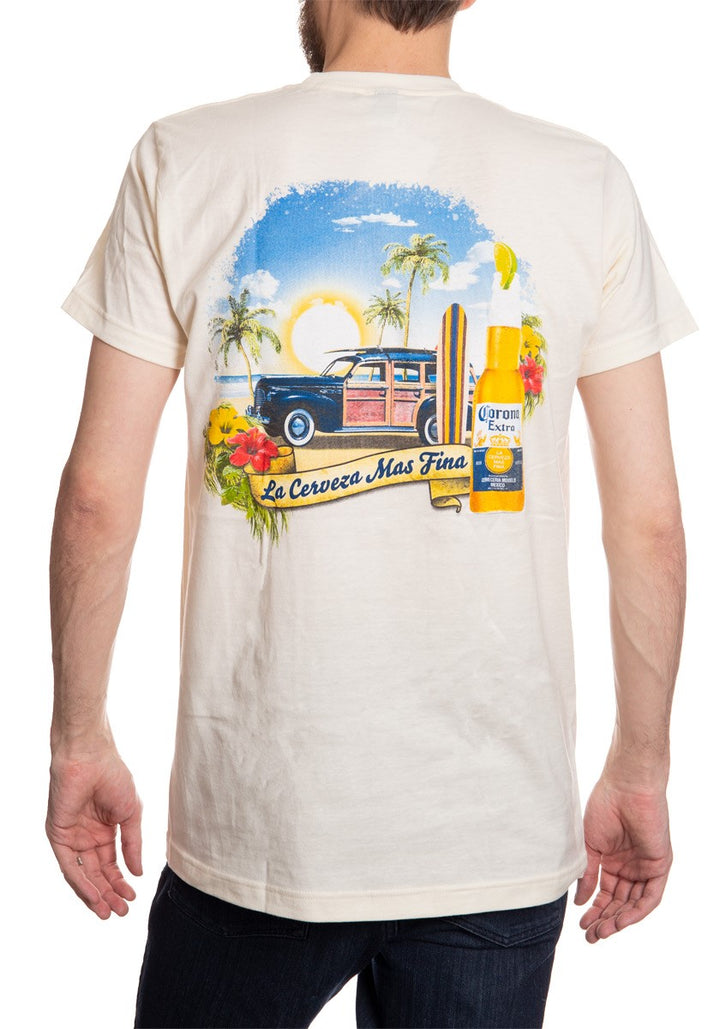 Men's Corona Extra Beachside T-Shirt- Natural Wood Wagon Colorful Back Logo Shirt