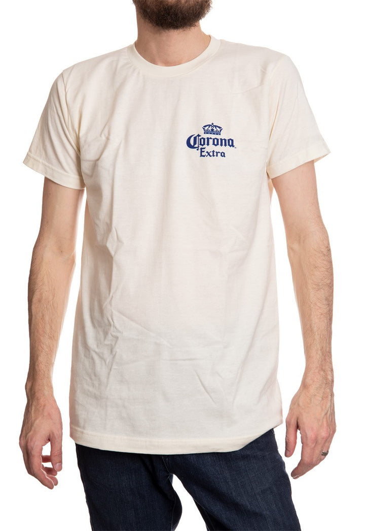 Men's Corona Extra Beachside T-Shirt- Natural Wood Wagon Front Logo Crest Navy